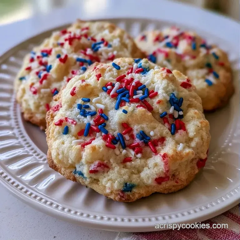 A stack of soft sugar cookies topped with red and blue sprinkles on a white ceramic plate with a linen napkin.