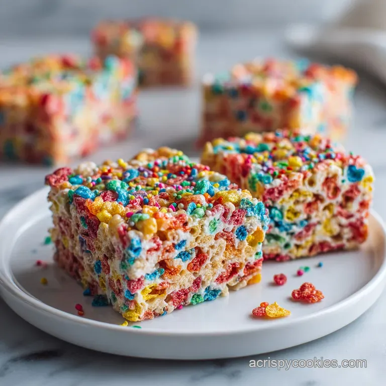 Eye-level studio close-up shot of a single square rice treat, showing layers of marshmallow and bright, multi-colored cereal.