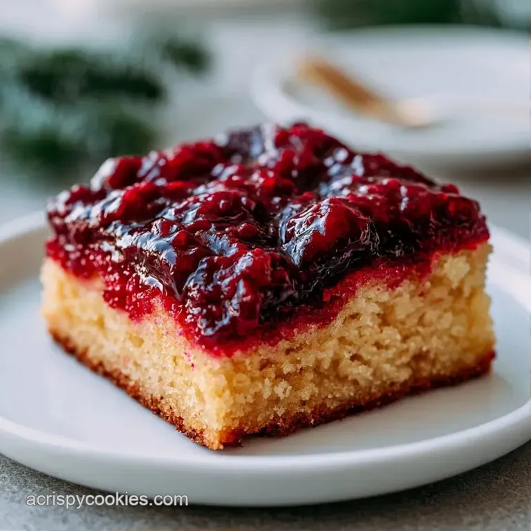 Square dessert bars with a creamy white glaze and bright red berries arranged elegantly on a marble platter.