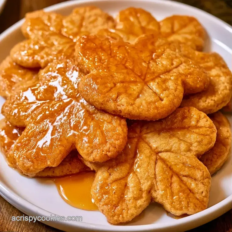 Elegant stack of amber-hued leaf-shaped biscuits on a white ceramic plate with a glossy drizzle of syrup.