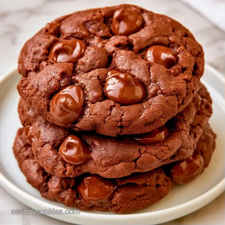Stack of dark cocoa cookies on a white ceramic plate, served beside a glass of cold milk and fresh mint.