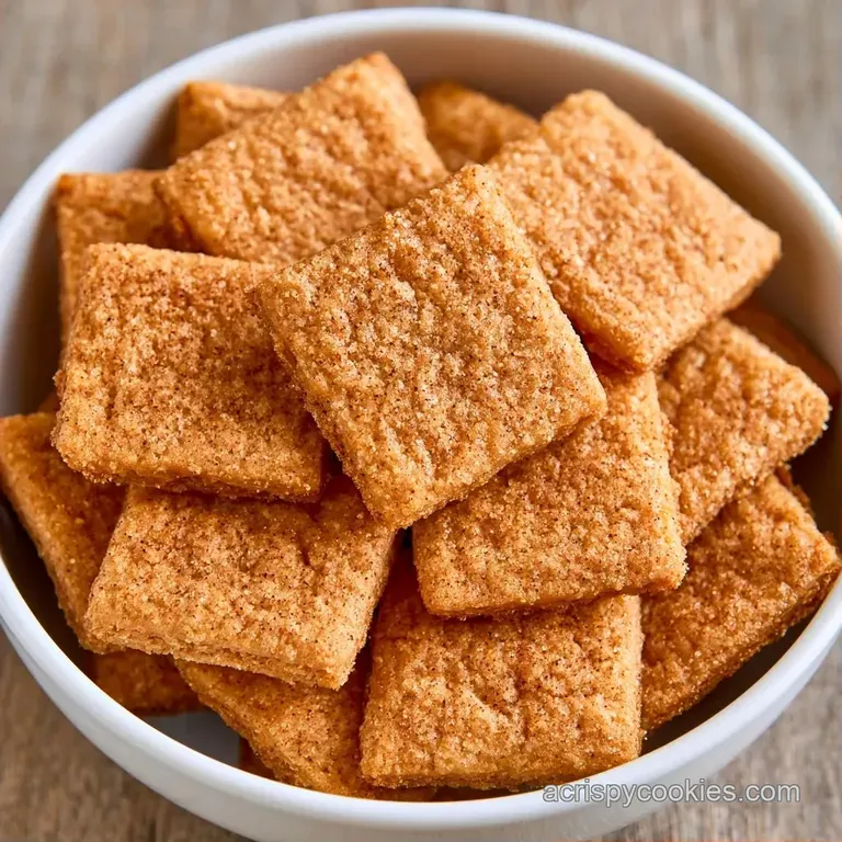 Three square golden-brown cookies stacked on a minimalist white plate beside a small glass of creamy white milk.