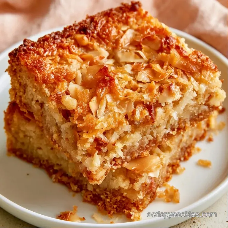A stack of layered dessert squares topped with toasted coconut shreds and chocolate chips on a white ceramic plate
