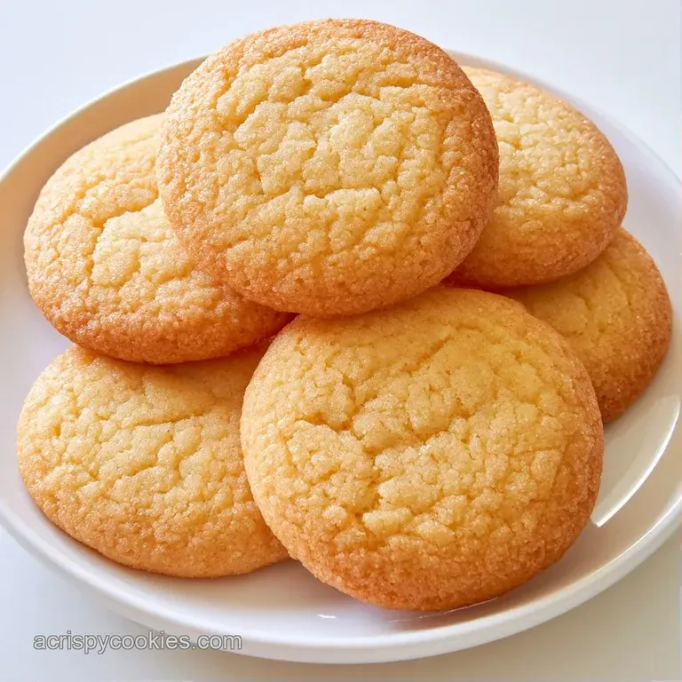 Pale golden cookies piled high on a minimalist white platter, glistening with sugar crystals in soft daylight.