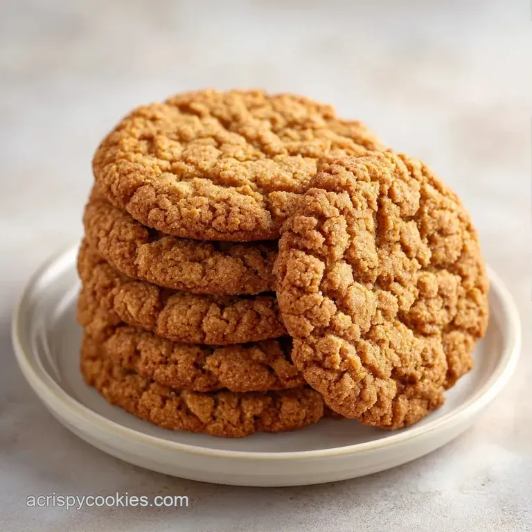 A stack of crisp, amber-hued cookies resting on a minimalist white ceramic platter beside a cold glass of milk.