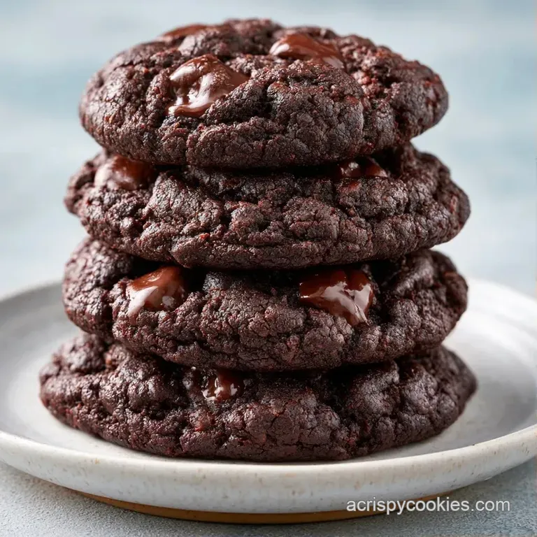 Three decadent dark brown cookies stacked neatly on a matte black plate, paired with a swirl of whipped cream.