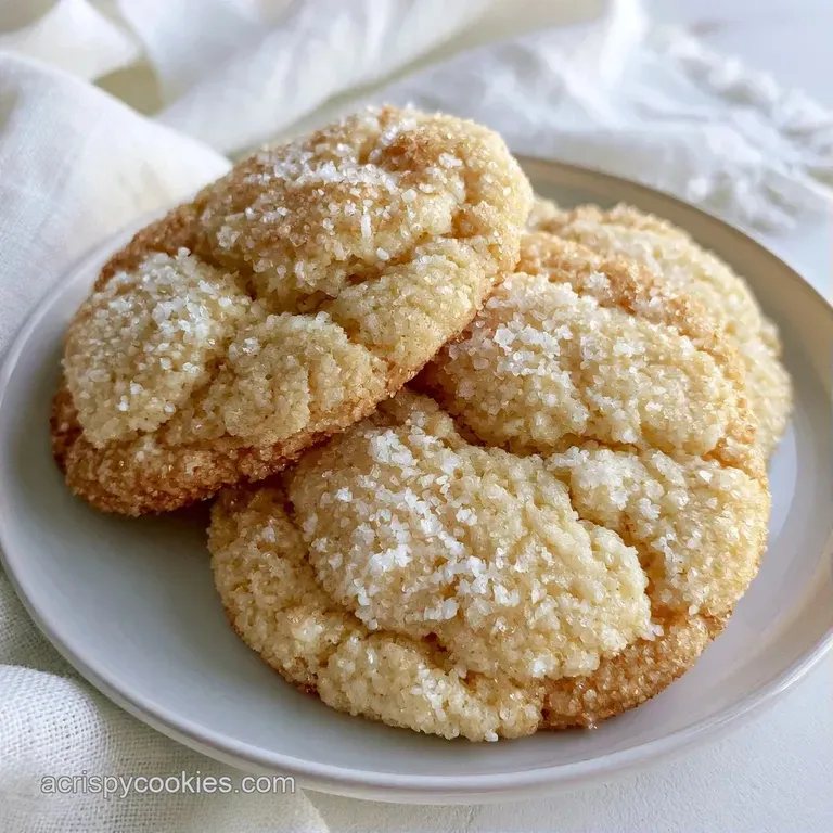 A stack of buttery, round cookies topped with toasted almond slivers on a ceramic plate with a linen napkin.