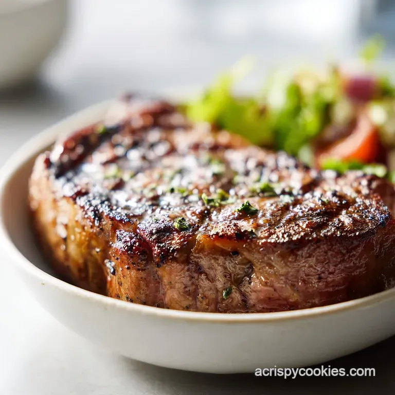 Ribeye steak sliced, revealing a rosy pink center. Garnished with rosemary sprigs, served on a white plate with knife and ...