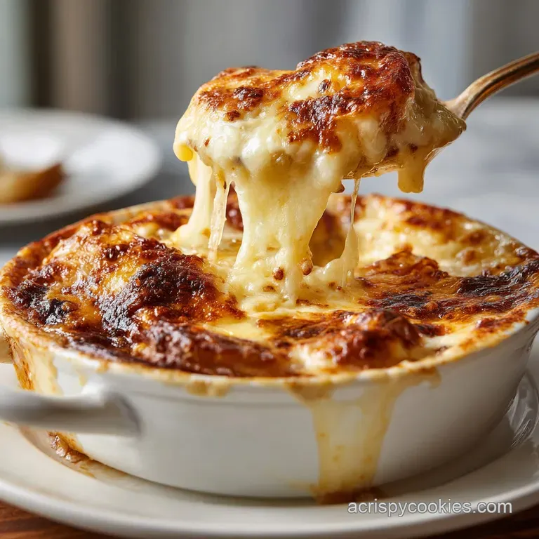 A spoonful of creamy French onion casserole with Gruyere, strands of caramelized onion, and a crusty baked top.