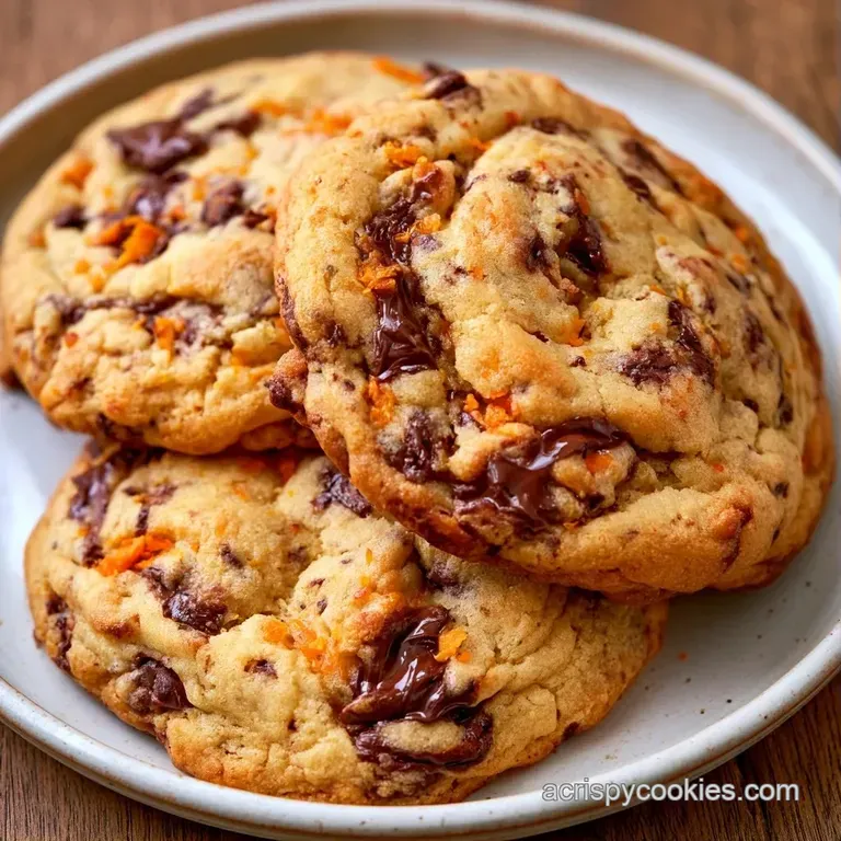 A stack of golden-brown cookies with melty dark chocolate and orange accents on a matte black ceramic platter.