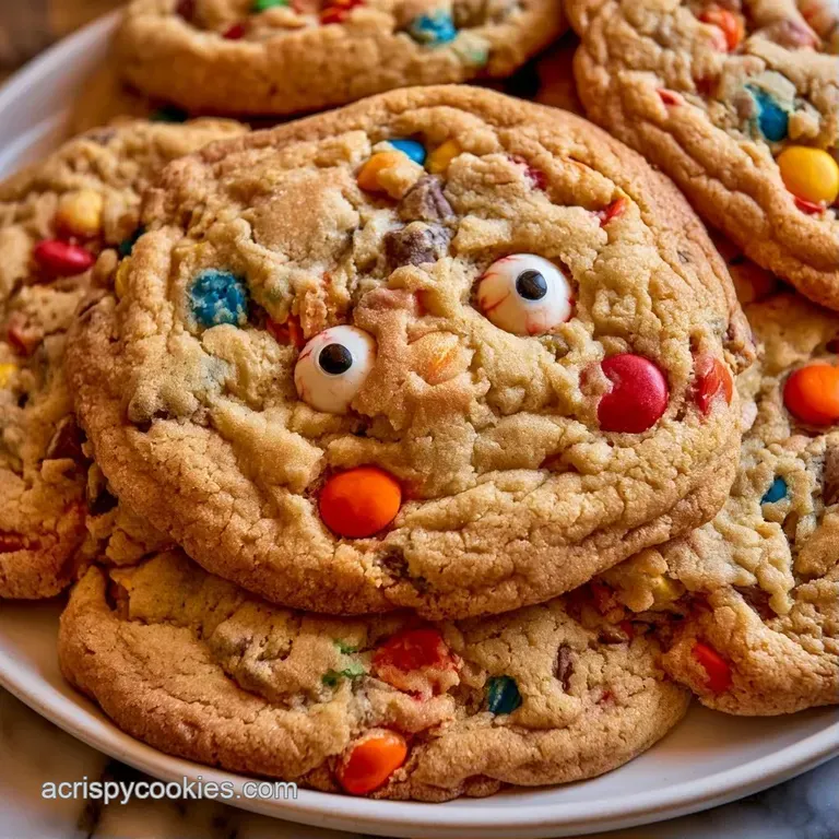 Platter of vibrant cookies with candy eyes and neon sprinkles, arranged neatly on a dark matte slate background.