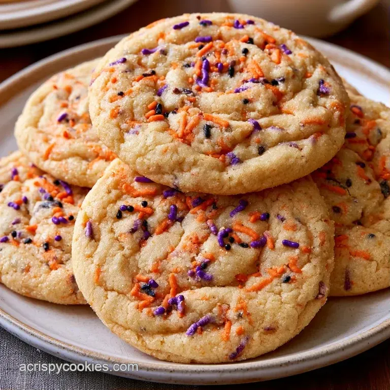 A stack of soft sugar cookies adorned with neon sprinkles and orange frosting on a matte black ceramic plate.