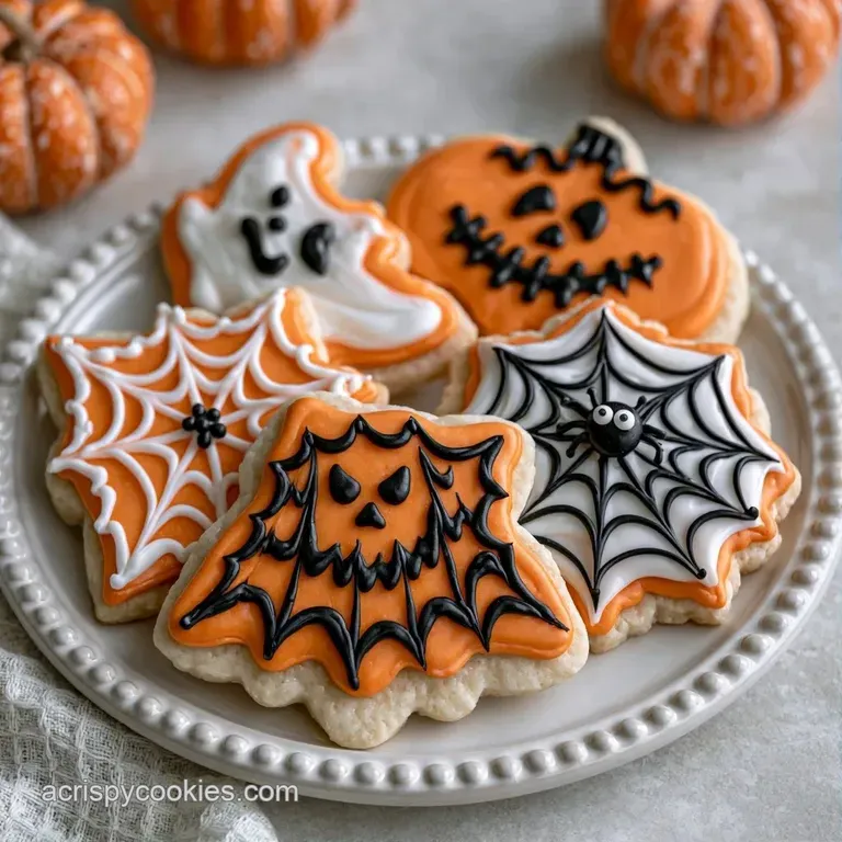 Pale buttery cookies shaped like ghosts and pumpkins arranged on a dark slate board with scattered orange sprinkles.