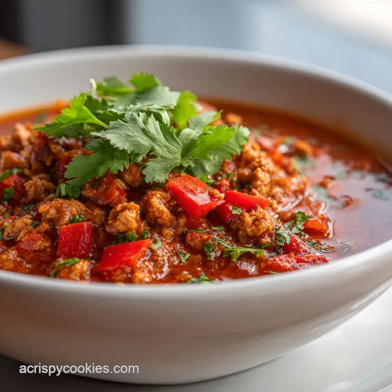 Steaming ceramic bowl of thick red chili topped with a dollop of cool sour cream and melted sharp cheddar cheese