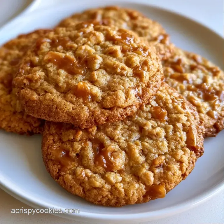 A neat stack of chewy toffee cookies on a white ceramic plate, paired with a tall glass of cold, creamy milk.