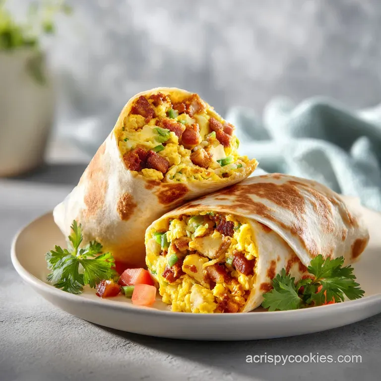 A perfectly rolled breakfast burrito, sliced to reveal creamy eggs, black beans, and a sprinkle of cilantro.