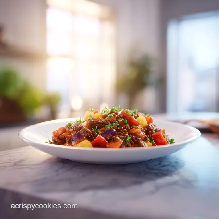 A single serving of hobo casserole, steam rising, showcasing the juicy beef, and vibrant orange carrots. Garnished with fr...