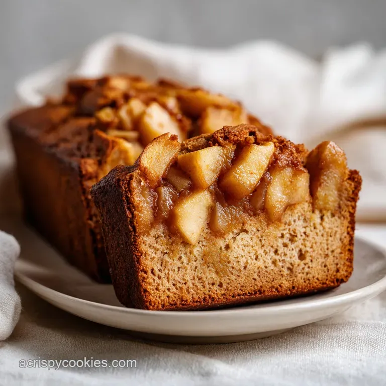 A neat slice of warm, spiced bread with a soft center, plated elegantly with a dollop of cream and apple slices.