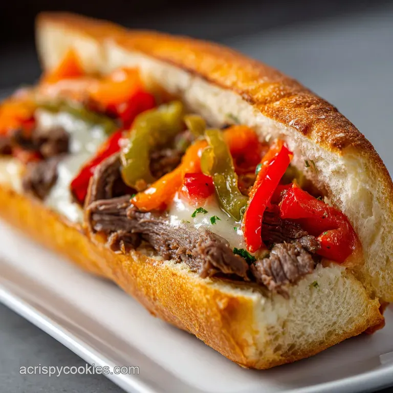 Italian beef sandwich half on a plate; tender, shredded beef spilling out of the soft roll, with colorful pickled vegetables.