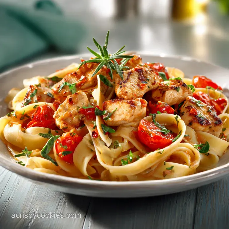 A perfectly plated swirl of pasta with tender chicken and bright red tomatoes, garnished with fresh basil on a white plate.