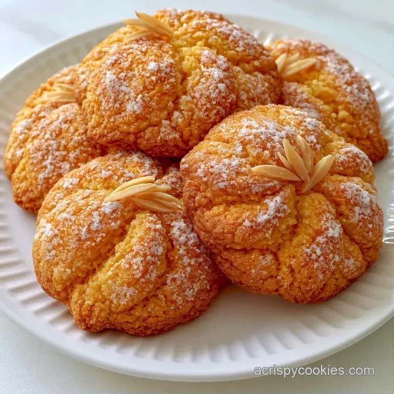 A stack of soft, pastel orange cookies on a white ceramic plate, garnished with a fresh peach slice and mint.