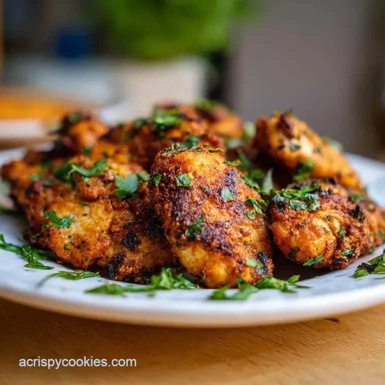 Plated chicken thigh with a vibrant red sauce, topped with cilantro. Creamy avocado slices complement the savory dish.