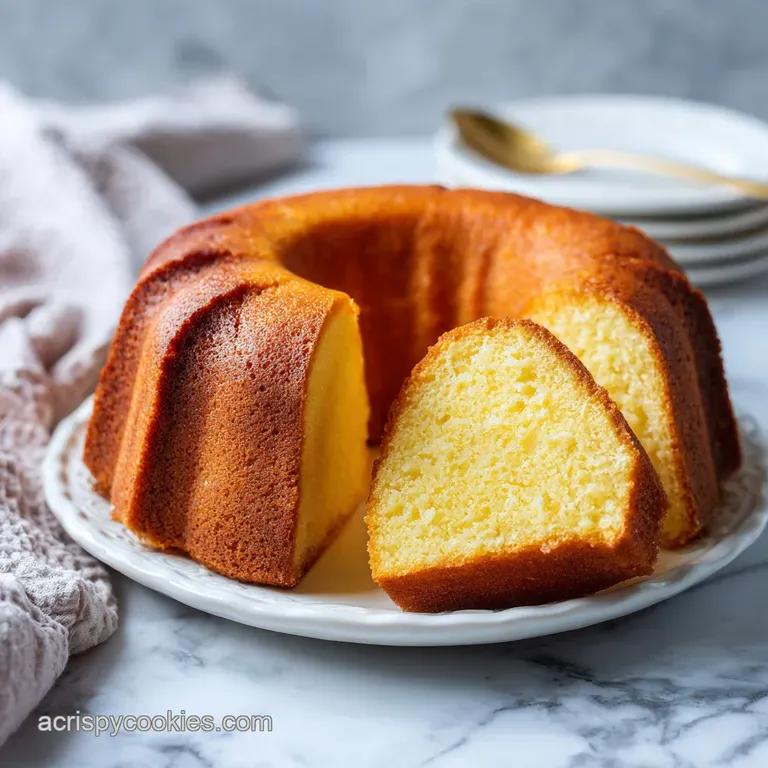 A slice of moist pound cake, glistening under warm light, with a delicate crumb and fine sugar dust.