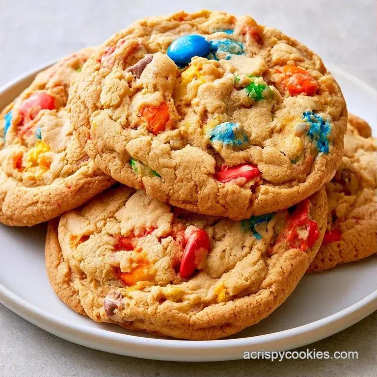 A stack of colorful candy-studded cookies on a white ceramic plate beside a glass of cold milk with a straw