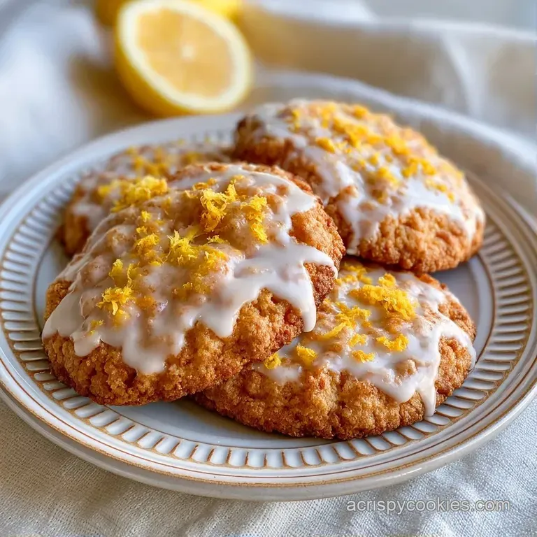 A stack of pale yellow, soft-baked treats on a white ceramic plate garnished with fresh lemon slices.