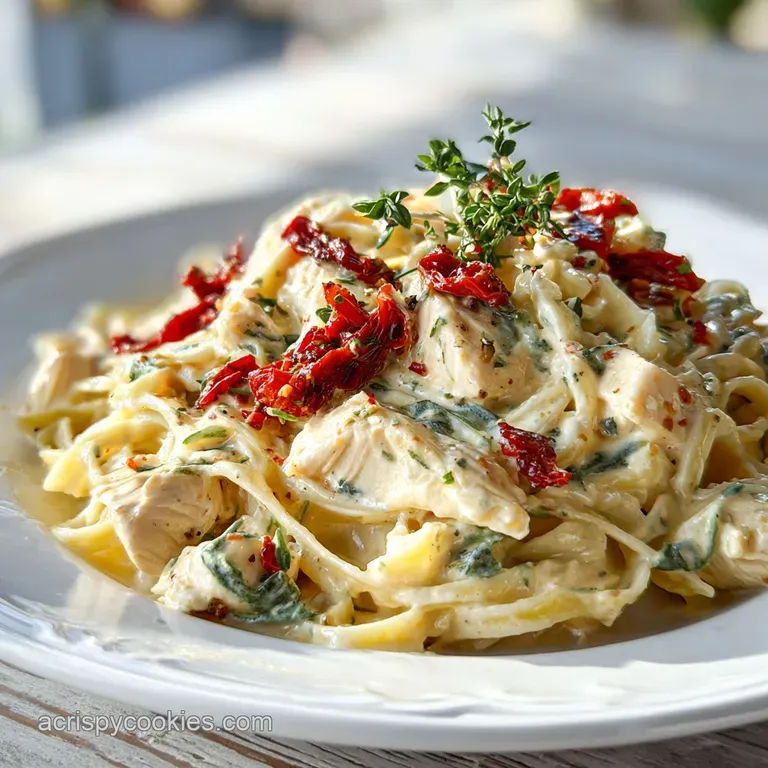 A swirl of creamy pasta, tender chicken, and bright tomatoes elegantly plated. Aromatic herbs provide a flavorful, colorfu...