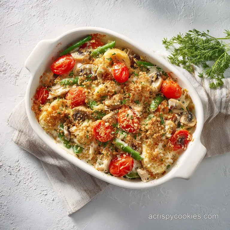 A generous scoop of creamy chicken casserole, showcasing tender chicken pieces and noodles, with a sprinkle of herbs.