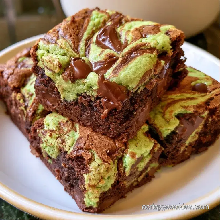 A stack of dense chocolate squares dusted with powdered sugar and garnished with fresh mint leaves on a white plate.