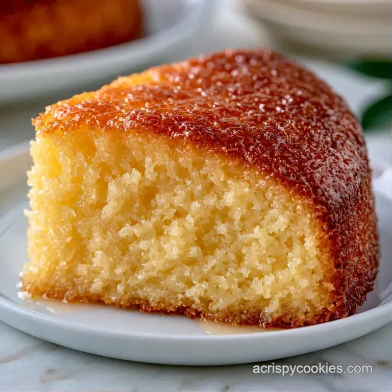A slice of golden butter cake on a white ceramic plate, topped with a dusting of powdered sugar and fresh berries.