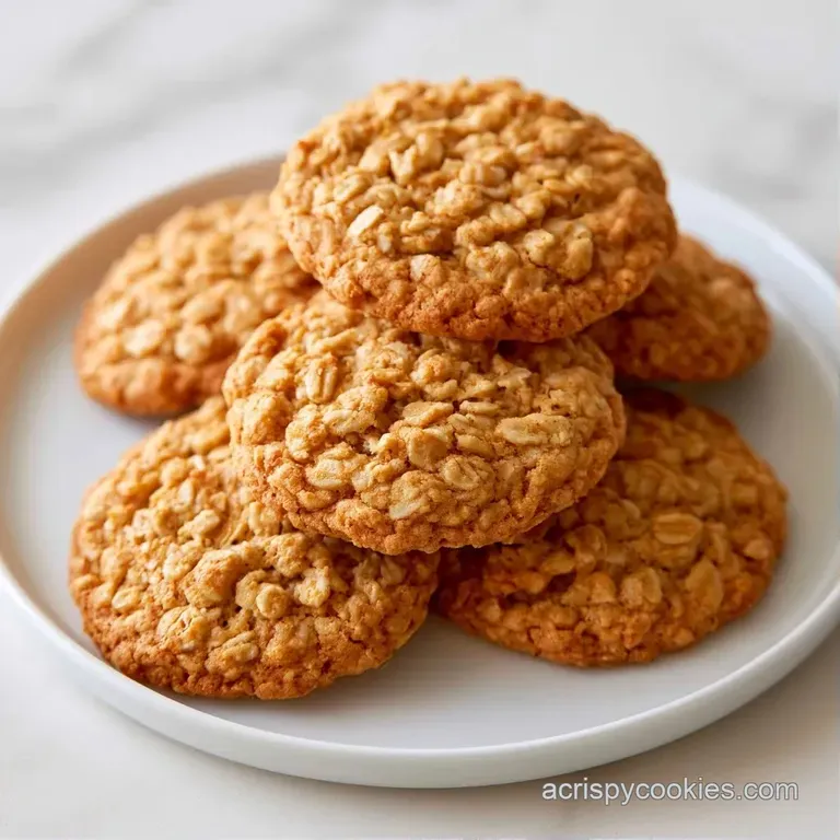 A neat stack of toasted oat cookies on a white ceramic plate beside a glass of cold milk and a linen napkin.