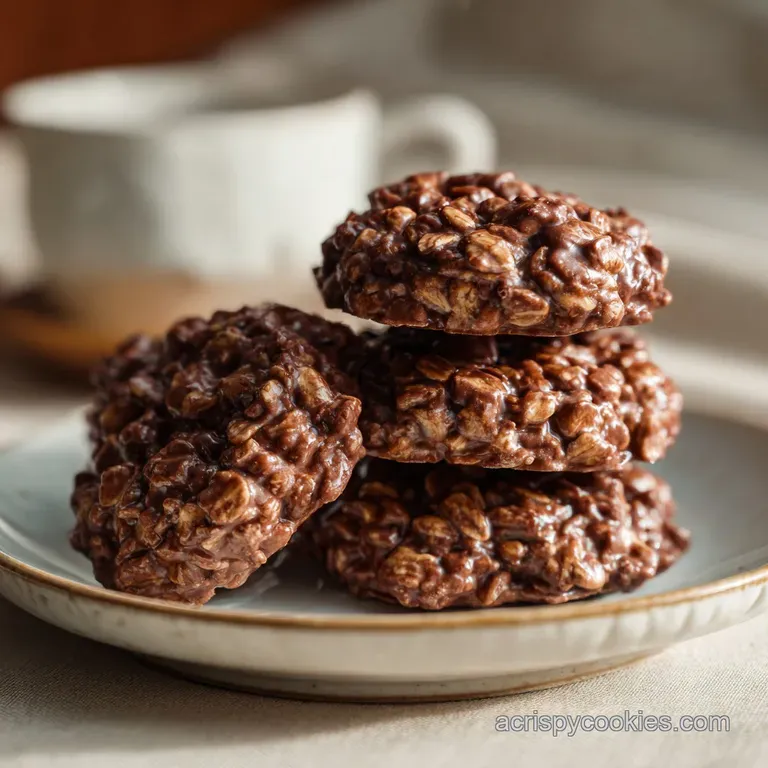A stack of rich, no-bake chocolate oatmeal cookies beside a glass of milk, suggesting a soft, chewy texture and decadent f...