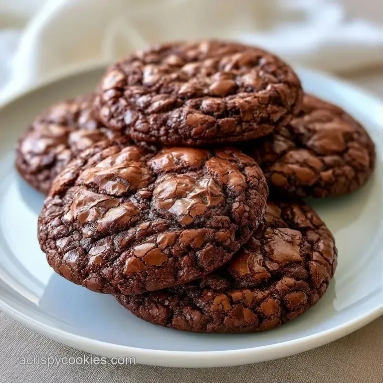 A stack of dark chocolate cookies on a white ceramic plate, garnished with a sprinkle of flaky sea salt.