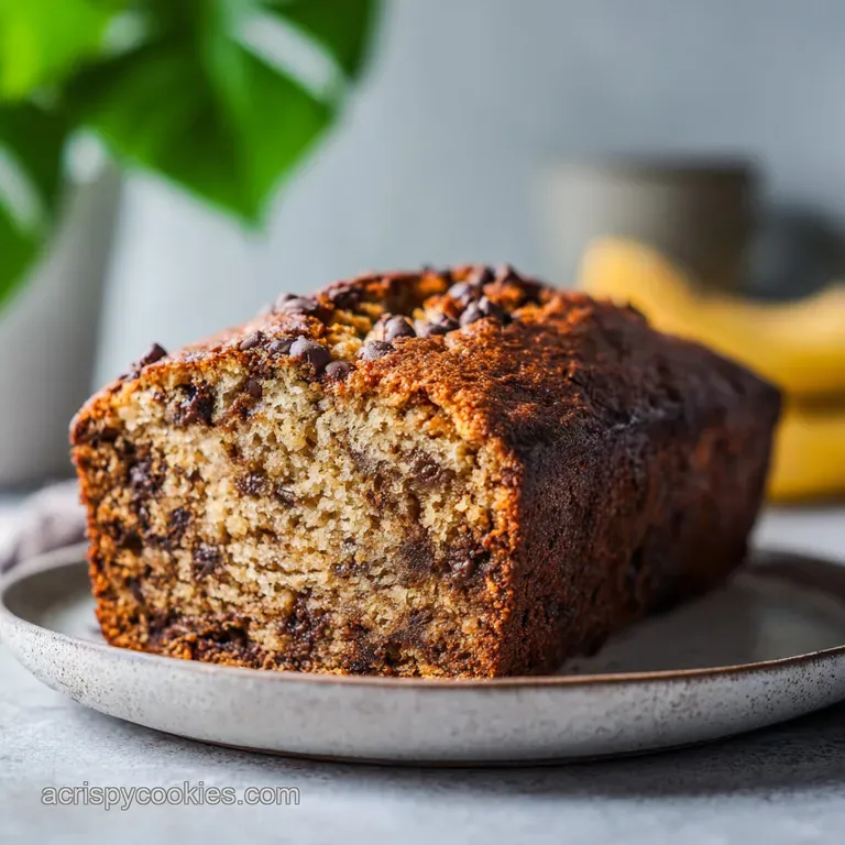 A rustic slice of moist banana bread, drizzled with caramel, garnished with fresh banana slices.