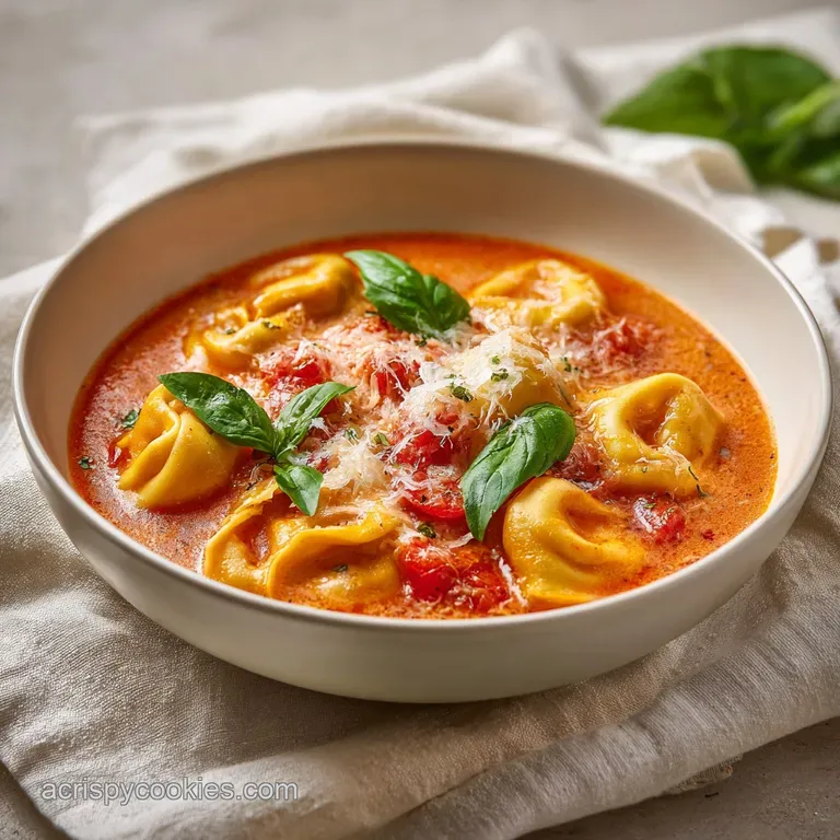 A close-up view of a white bowl filled with hearty tortellini soup, topped with fresh basil and a swirl of cream.