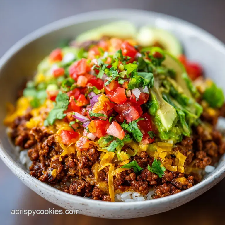 Burrito bowl with savory ground beef, cilantro-lime rice, colorful bell peppers, and a dollop of sour cream. Vibrant and f...