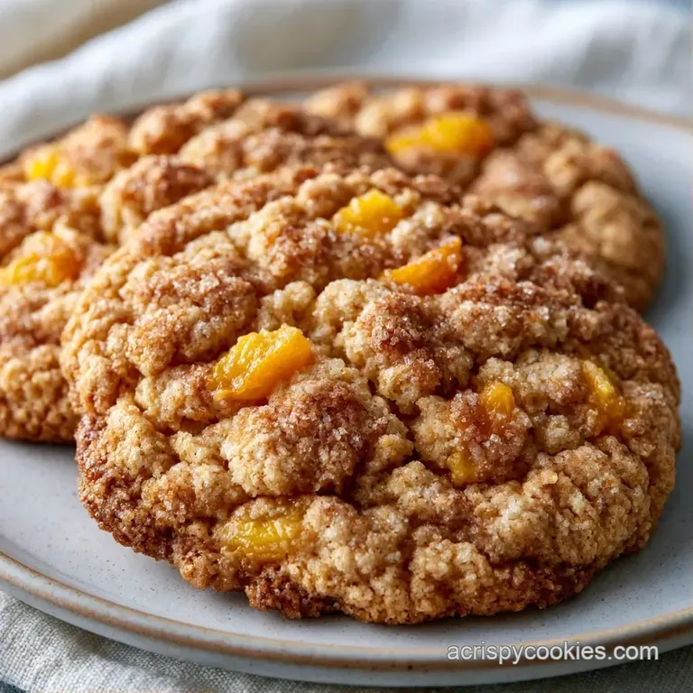 Neatly stacked golden cookies on a white plate, paired with a dollop of whipped cream and fresh peach wedges.