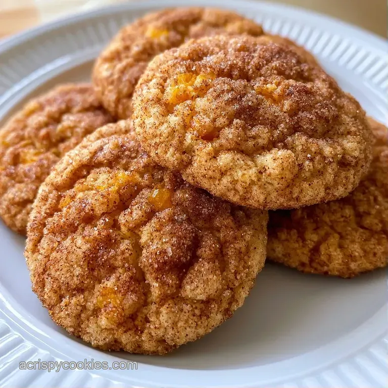A stack of soft golden cookies dusted in cinnamon sugar on a white ceramic plate with fresh peach slices nearby.