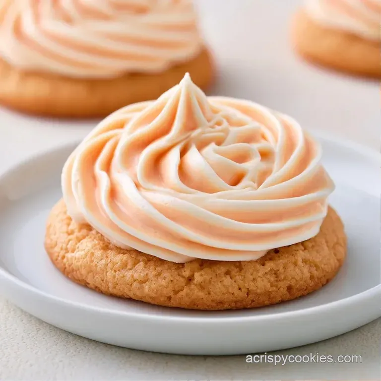 A stack of soft, pale gold cookies topped with a dollop of whipped cream and a fresh peach slice on a white plate.