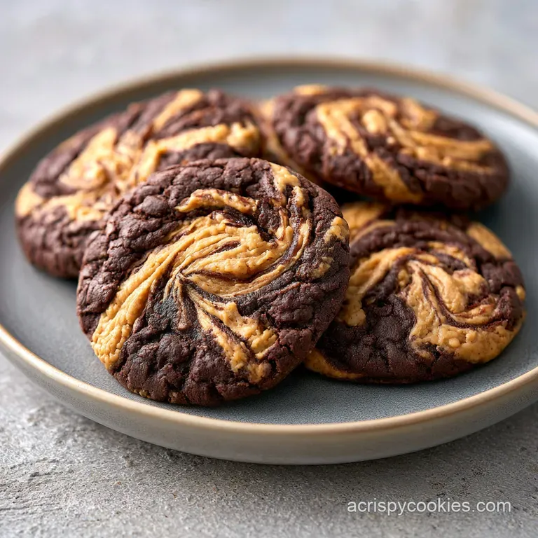 A stack of fudgy chocolate cookies on a ceramic plate, dusted with powdered sugar and a drizzle of creamy nut butter.