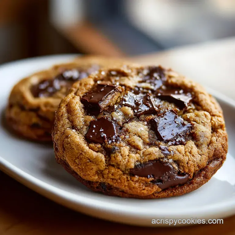 Stack of three warm chocolate chunk cookies, oozing melted chocolate. Crumbly texture and visible sea salt flakes on top.