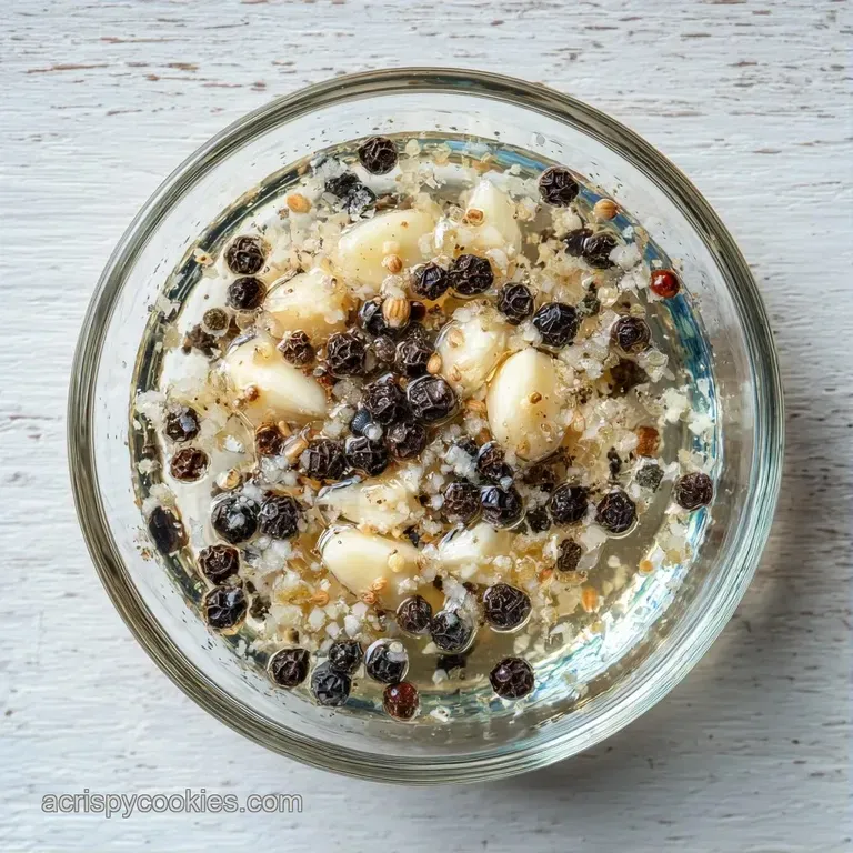 Elegant glass jar of translucent golden liquid with peppercorns, paired with fresh dill and garlic on white marble.