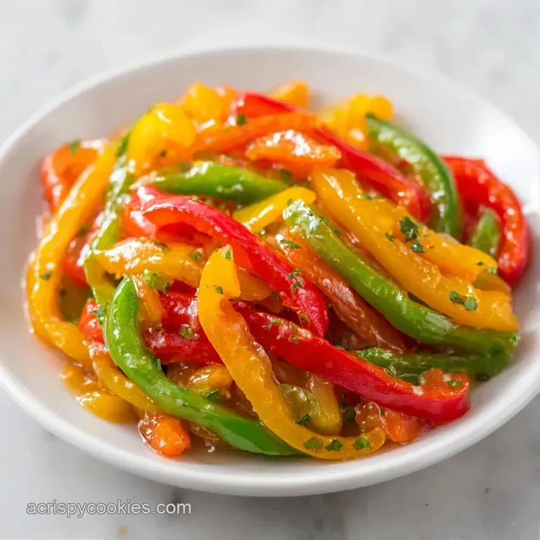 Brightly colored pepper rings arranged on a white ceramic plate with a drizzle of clear, shimmering pickling liquid.