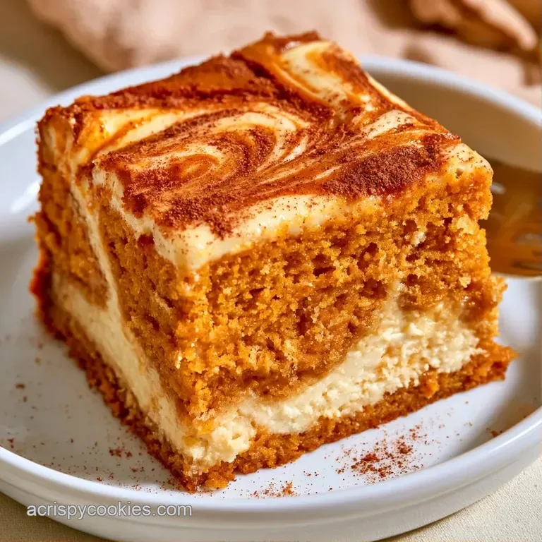 A slice of orange-hued layered cake on a white plate, topped with a dollop of whipped cream and a cinnamon stick.