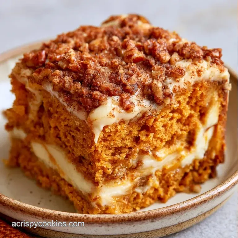 A golden-brown cake slice on a white ceramic plate, topped with buttery crumbs and a swirl of velvety white frosting.