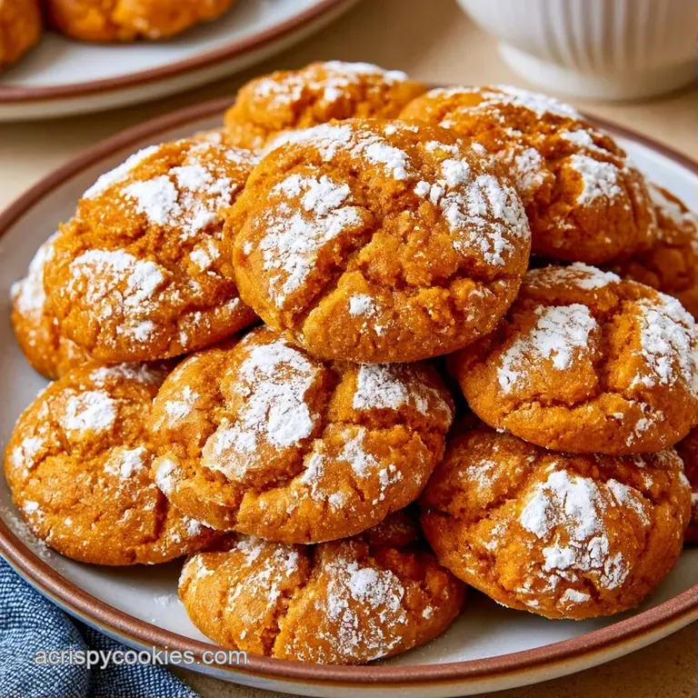 A stack of soft, orange cookies dusted in powdered sugar resting on a rustic linen cloth with a cinnamon stick.