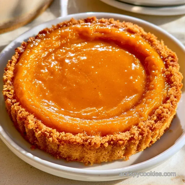 A neat square of orange custard on a white porcelain plate, topped with a swirl of white cream and a cinnamon stick.